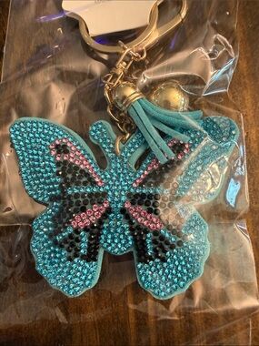 Fashion Jewelry Teal Butterfly Keychain Charm w/Pink & Black Accents